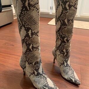 Steve Madden Kinga Natural snake print knee high heeled boot.